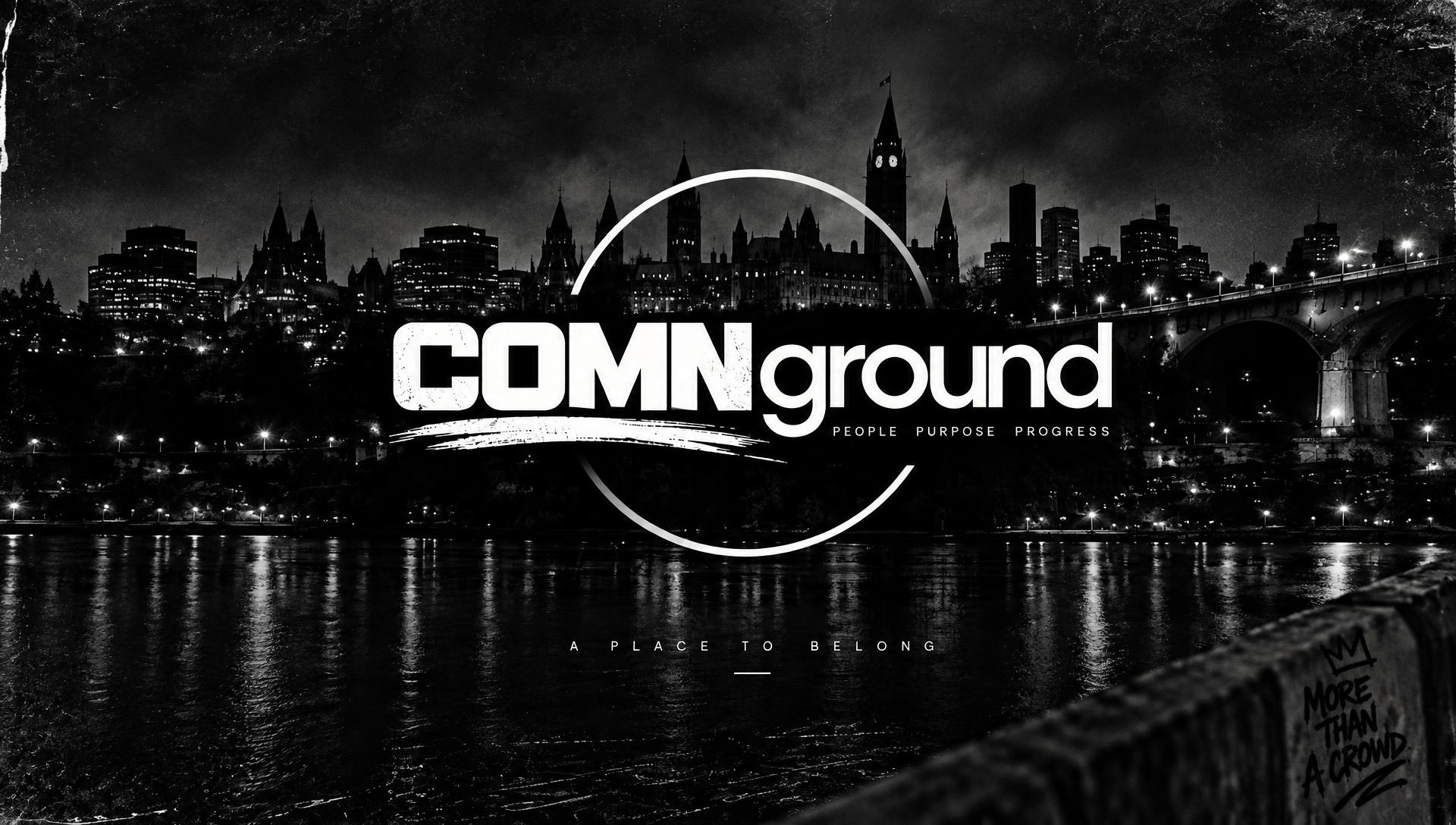 The ComnGround mark above Ottawa's Parliament Hill at night